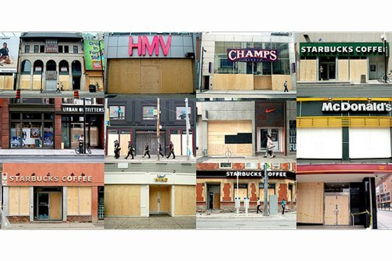 A collage of the many businesses that had to cover smashed windows over last year’s G20 weekend (Images: Karon Liu)