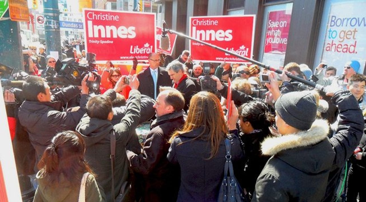 Michael Ignatieff is mobbed by the press in Toronto’s Chinatown (Image: John Michael McGrath)