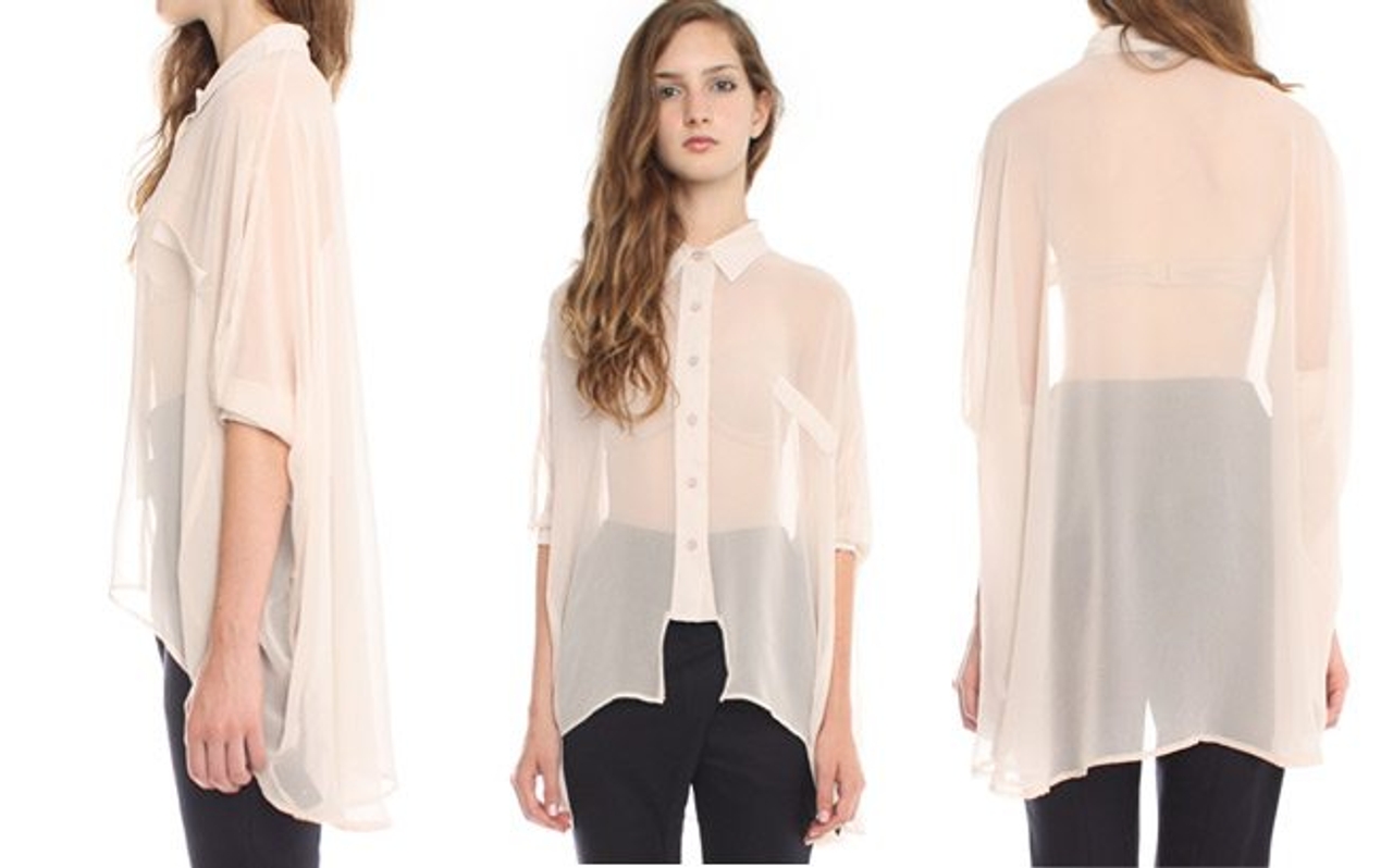 The Find: a barely-there nude chiffon blouse inspired by a much maligned ’80s hairstyle
