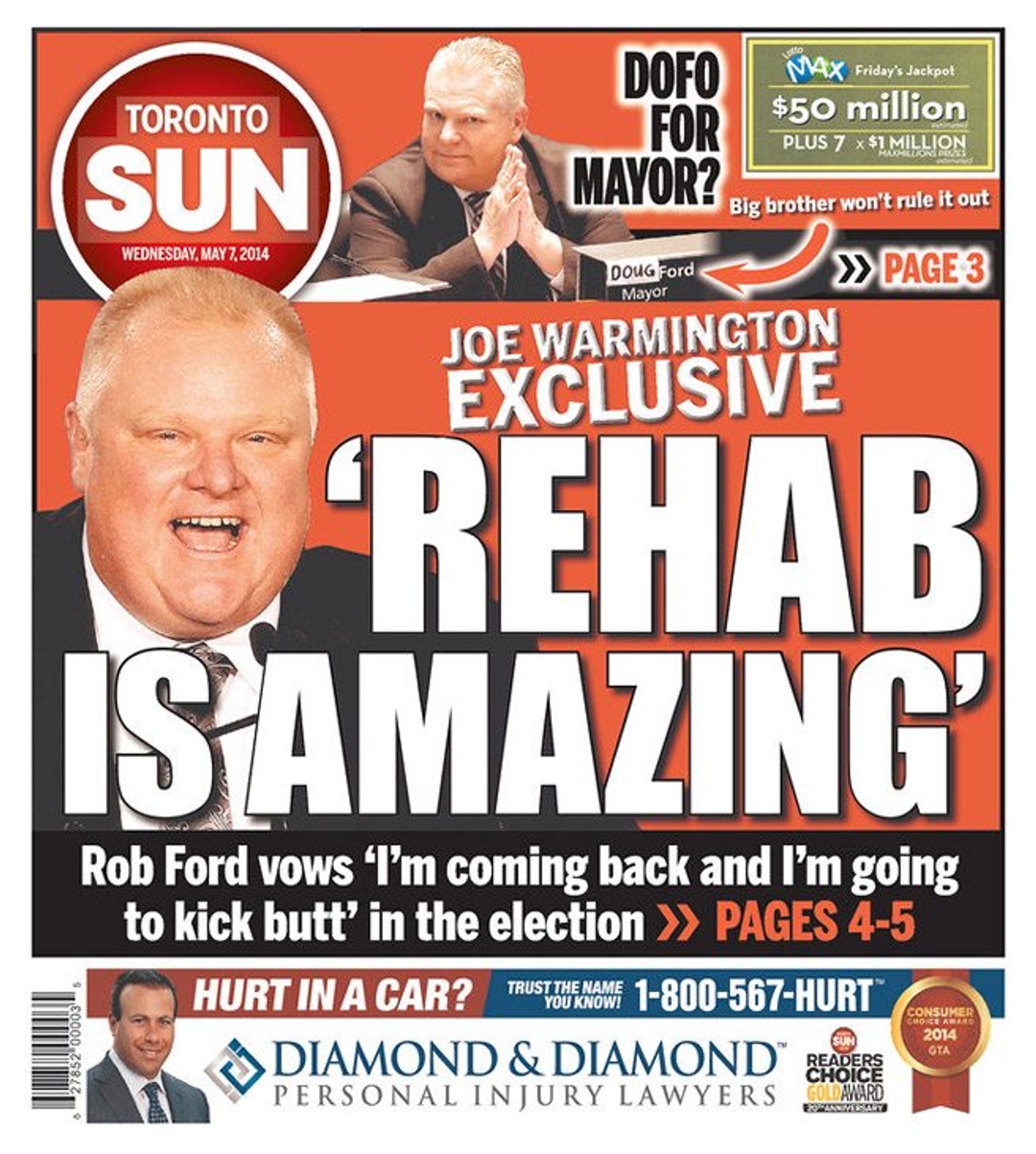 The actual cover of today's Toronto Sun. (Image: courtesy of Newseum.org)