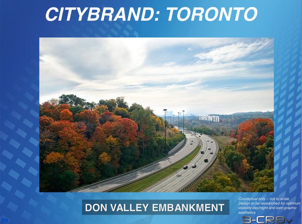 A marketer says these renderings of big "Toronto" signs are proof the city owes him $2.5 million