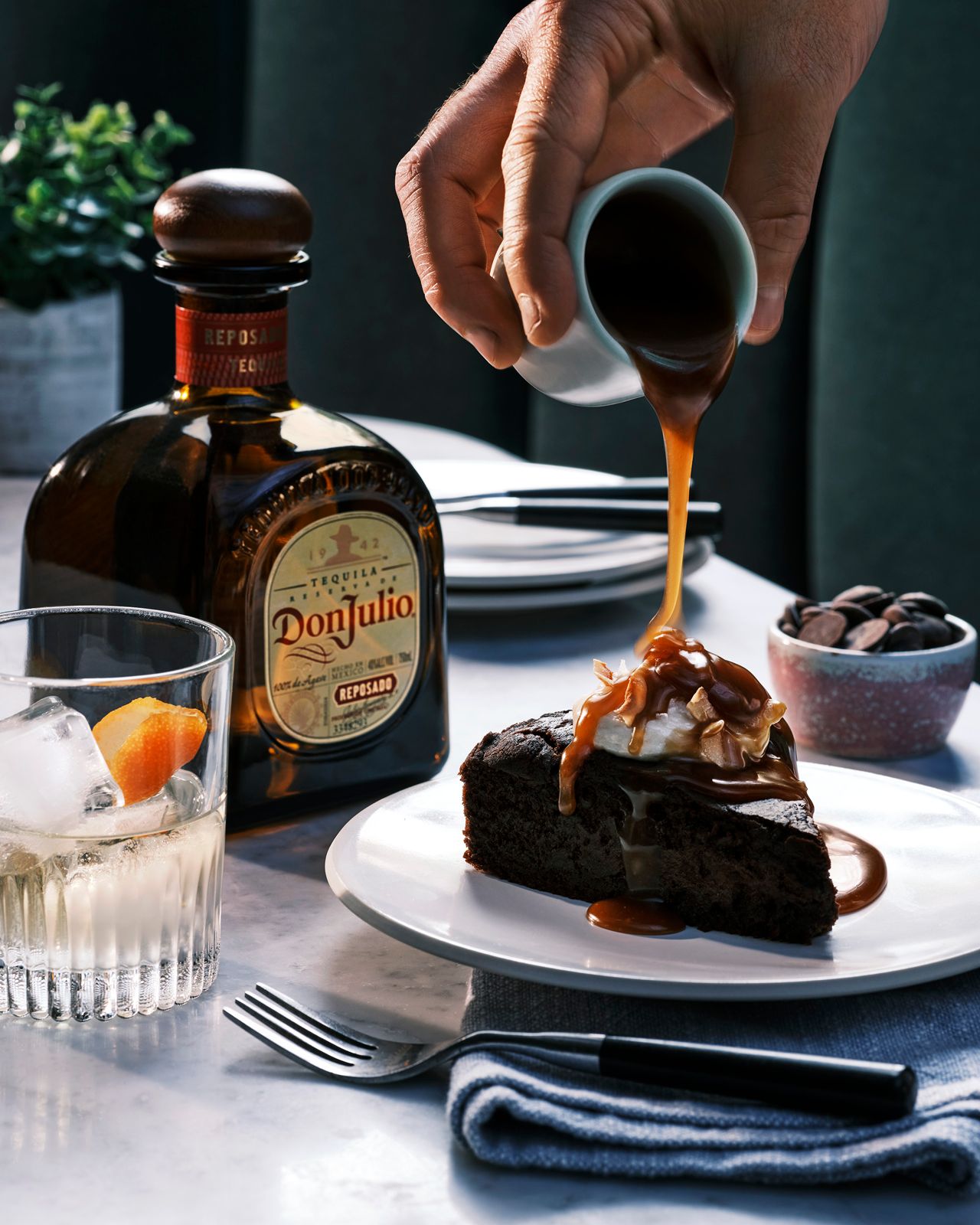 Chocolate avocado cake with tequila caramel