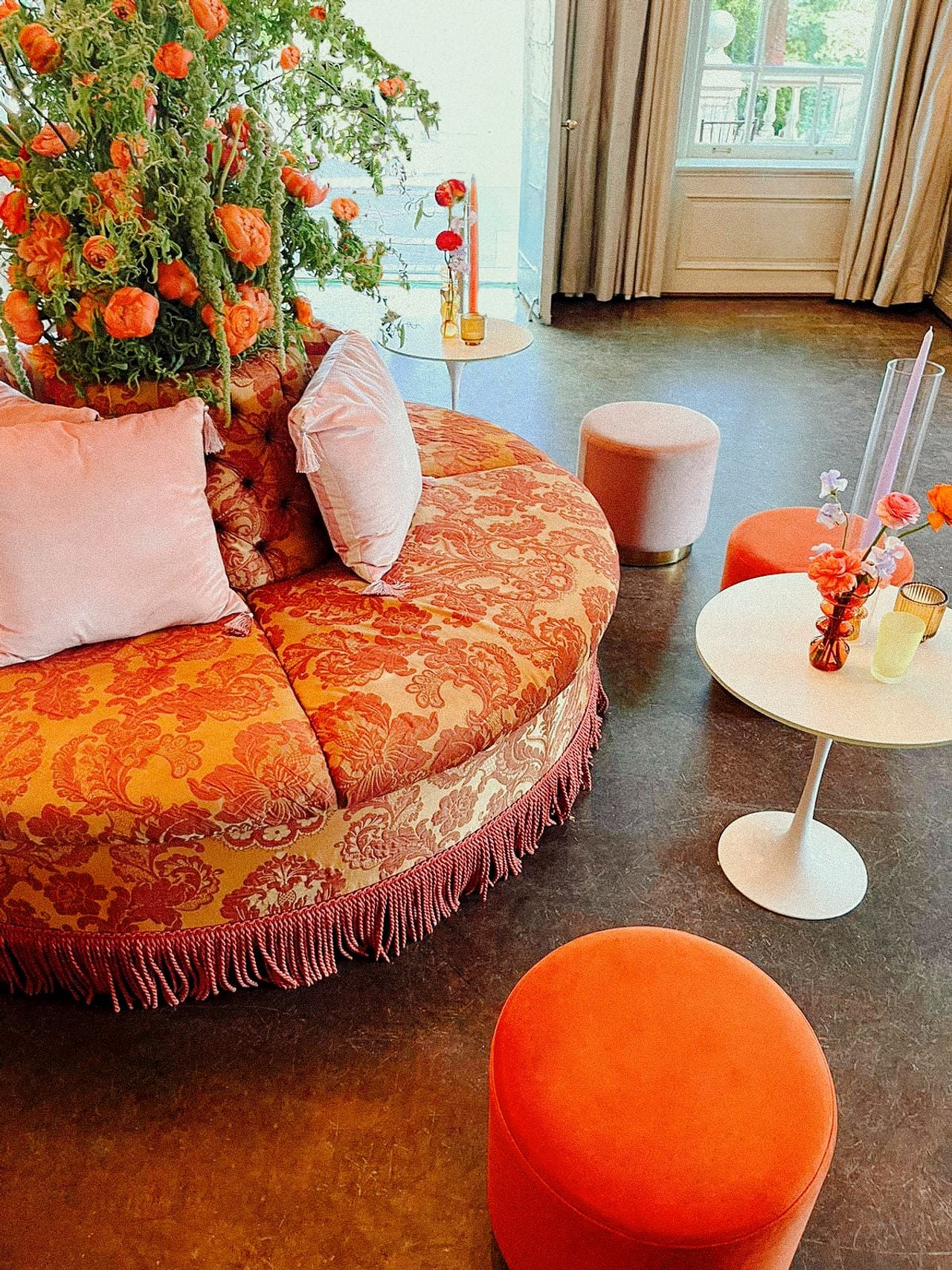 A burnt orange couch that was at Roya and Mani's wedding