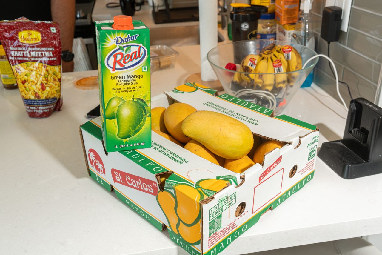 The mangos and mango juice that live on Ravneet's countertop