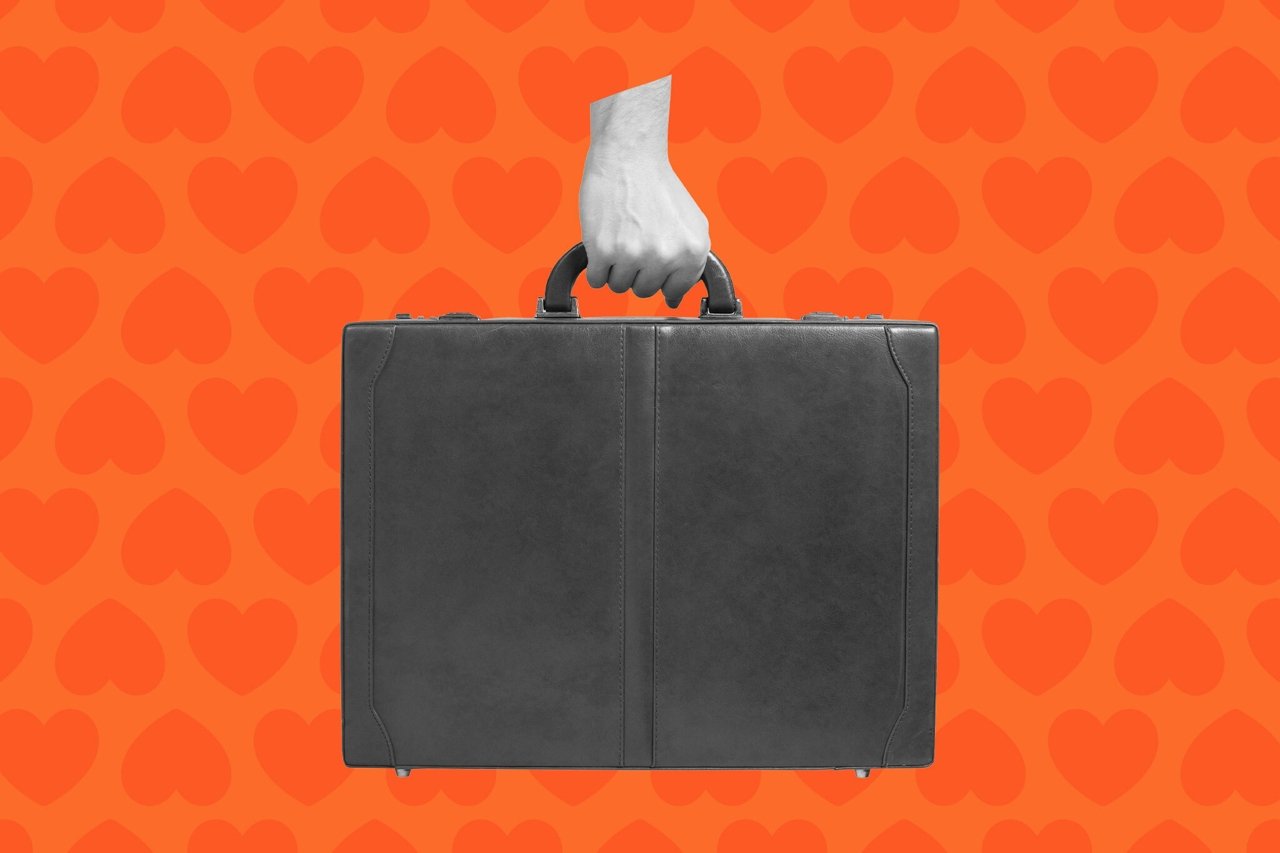A stylized image of a hand holding a briefcase over a background of patterned hearts.