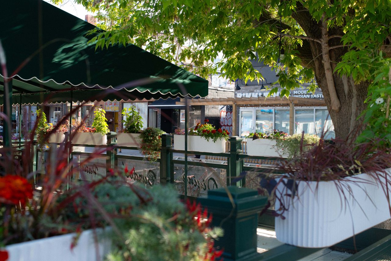 Looking from the patio to the street at Burdock Brewery in Kensington Market