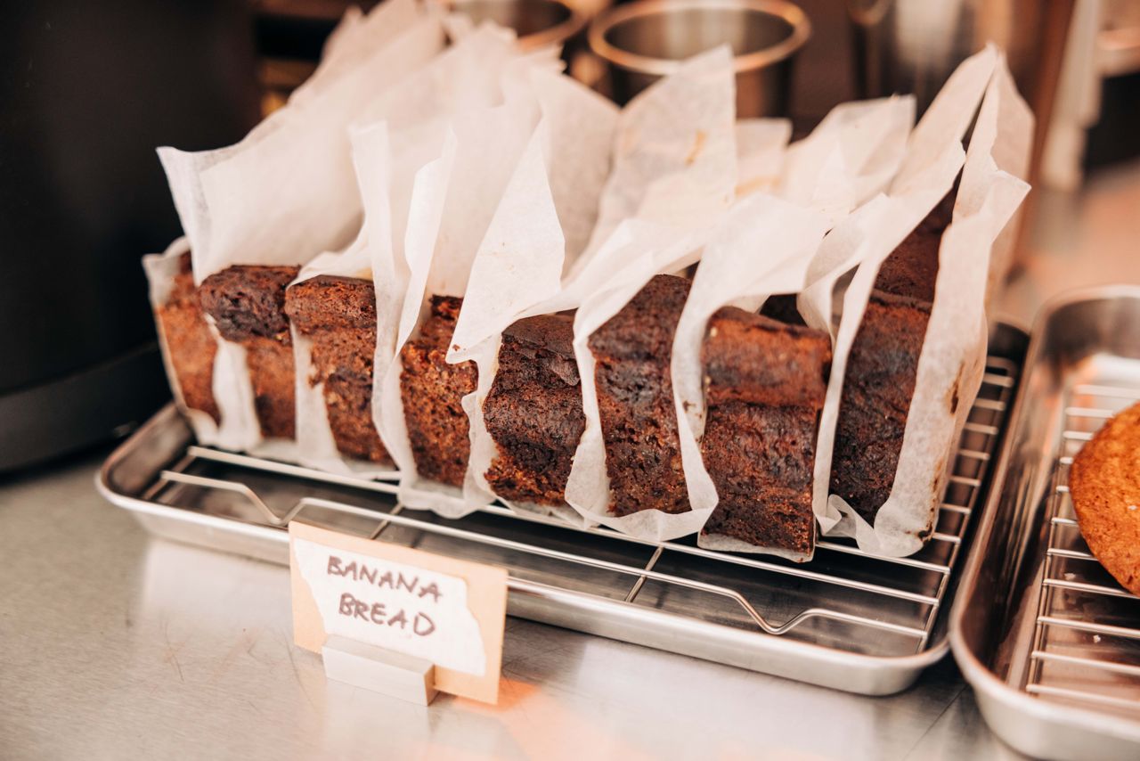 Slices of banana bread for sale at a cafe