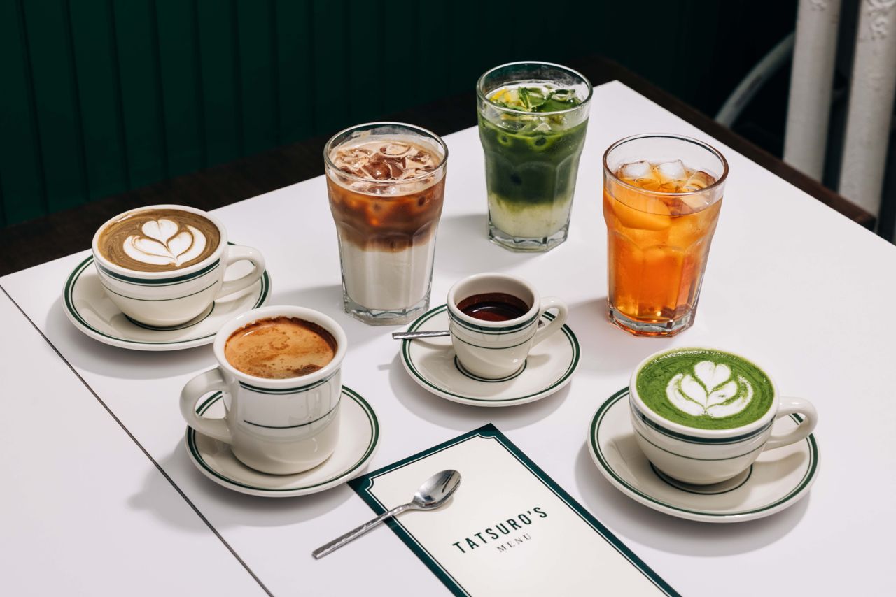 A selection of coffee- and tea-based beverages at Tatsuro's in Toronto