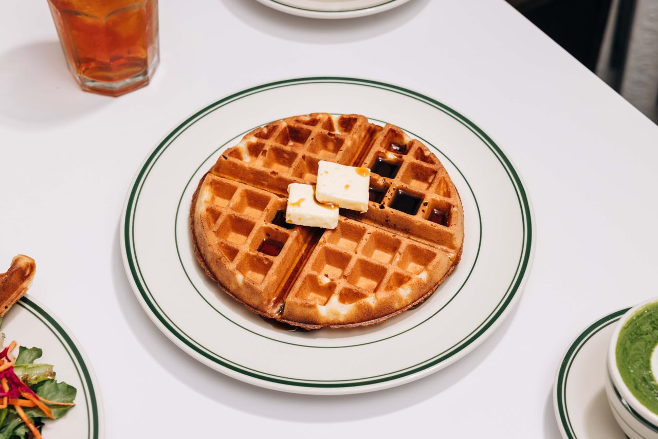 The Morning Moffle, a mochi waffle with maple syrup and butter