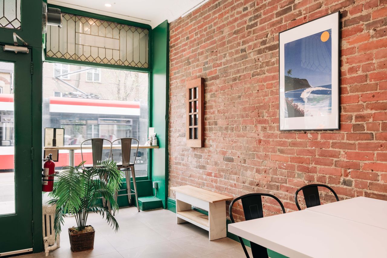 Looking out the front window of Tatsuro's, a restaurant in Toronto's east end