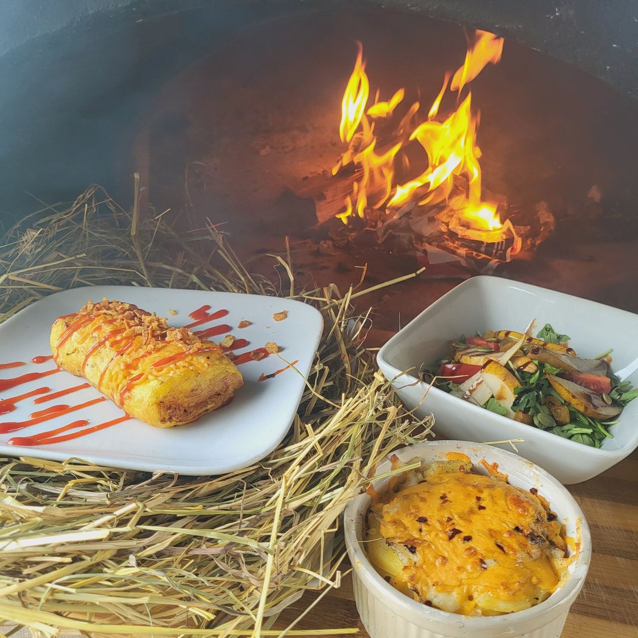 A recent wood-fired dinner at Ostrich Land Ontario