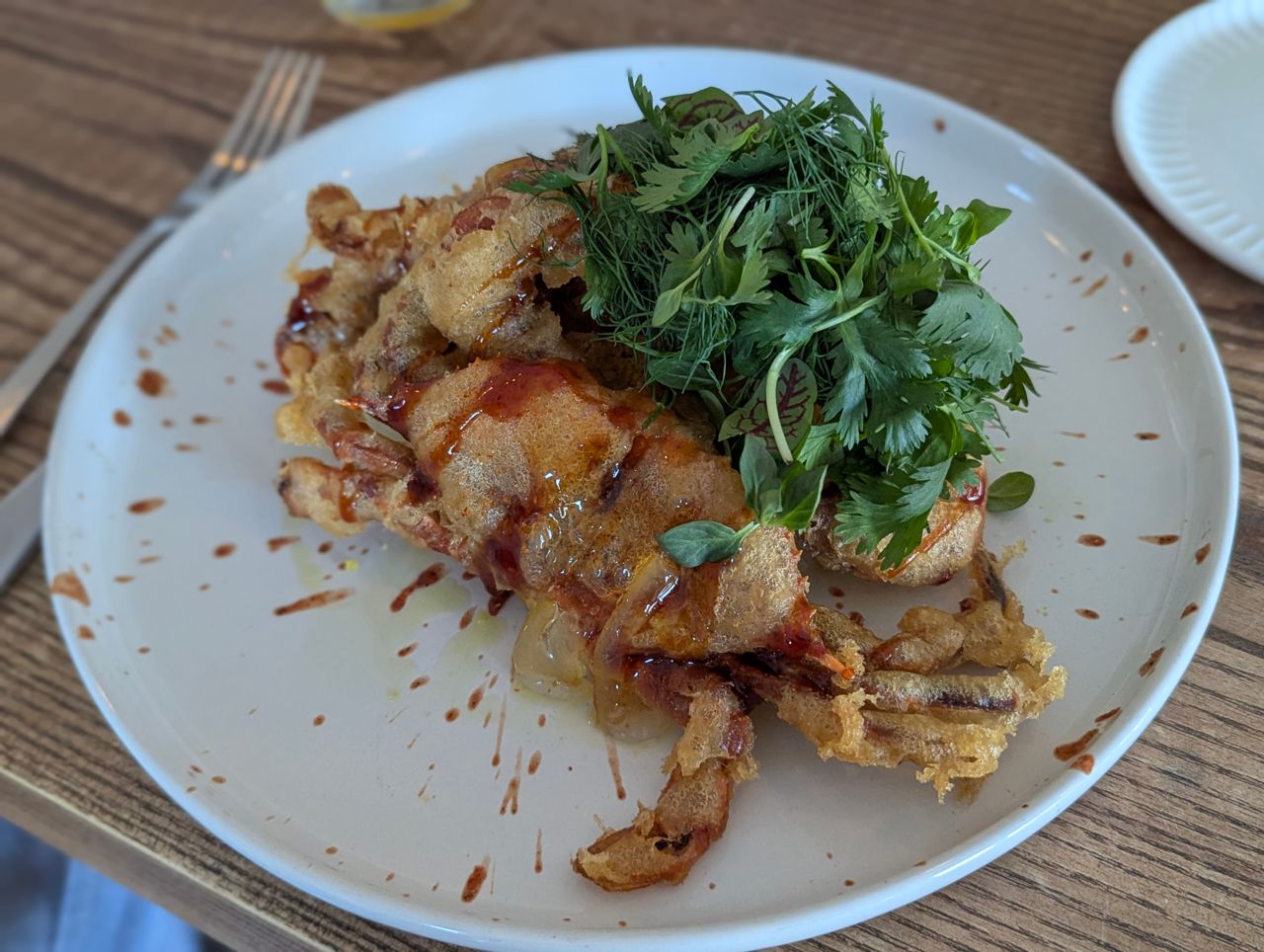 Deep-fried soft-shell crab with fresh herbs