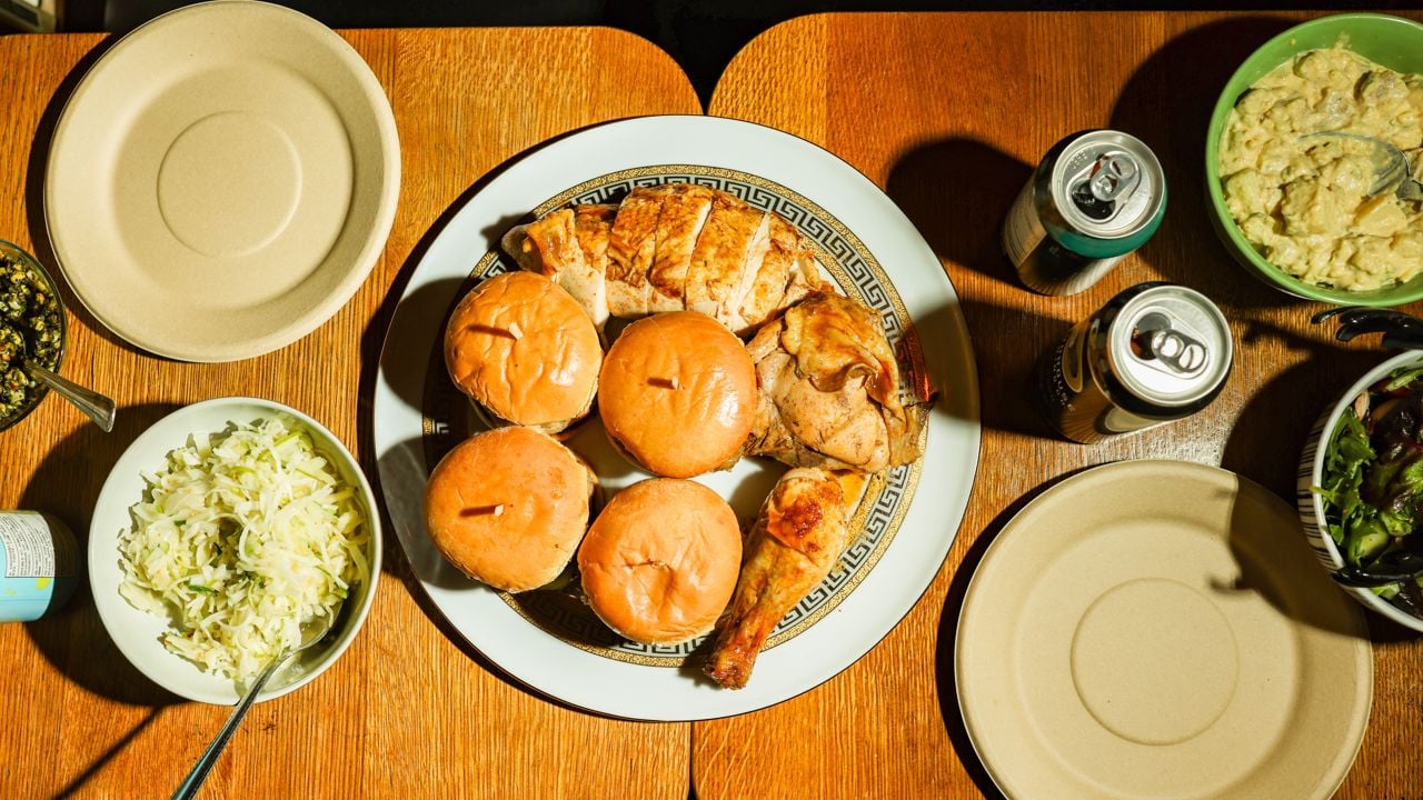 beer-brined roast chicken, Bratwurst burgers, potato salad, slaw, grilled corn and garden salad