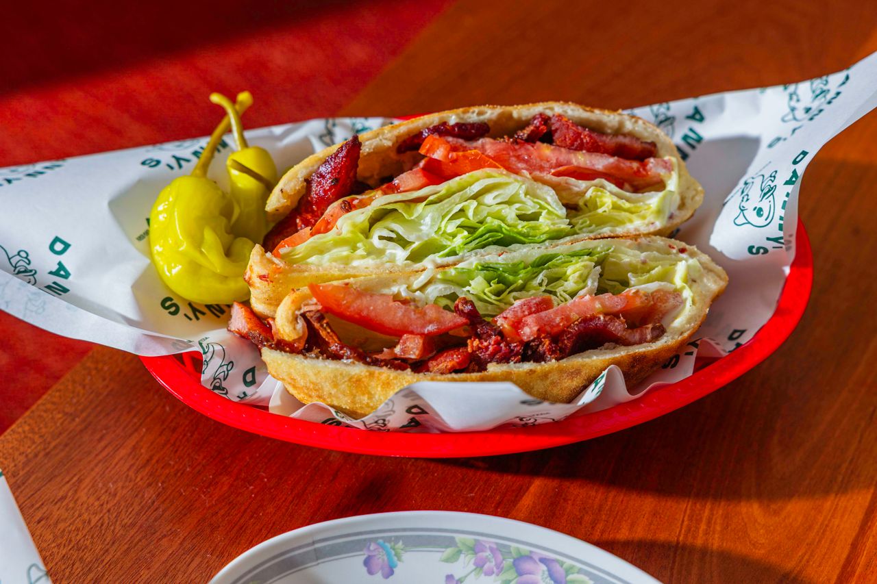 For this BLT, thick-cut bacon, crisp iceberg lettuce and sweet slabs of tomato are folded into garlic mayo–slathered pizza dough