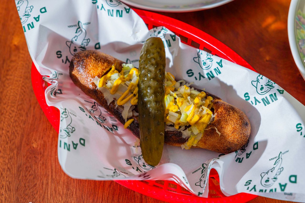 Inspired by Montreal, the Hebrew National hot dog is dressed in the traditional way—that is, with yellow mustard, sauerkraut and onions