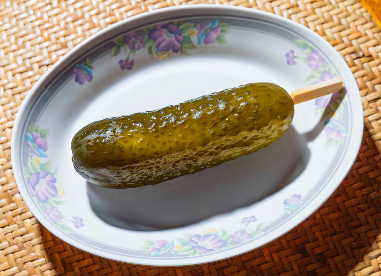 A pickle on a stick