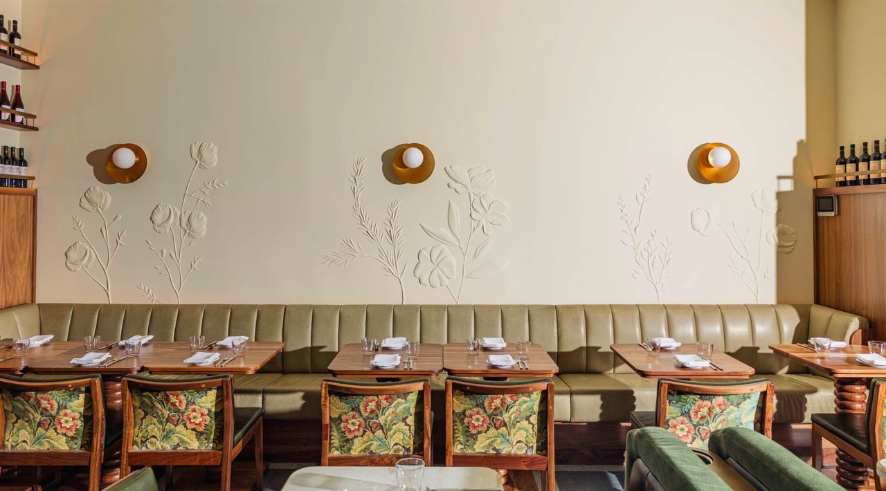 Banquette seating at Florin, a Tuscan restaurant in Toronto