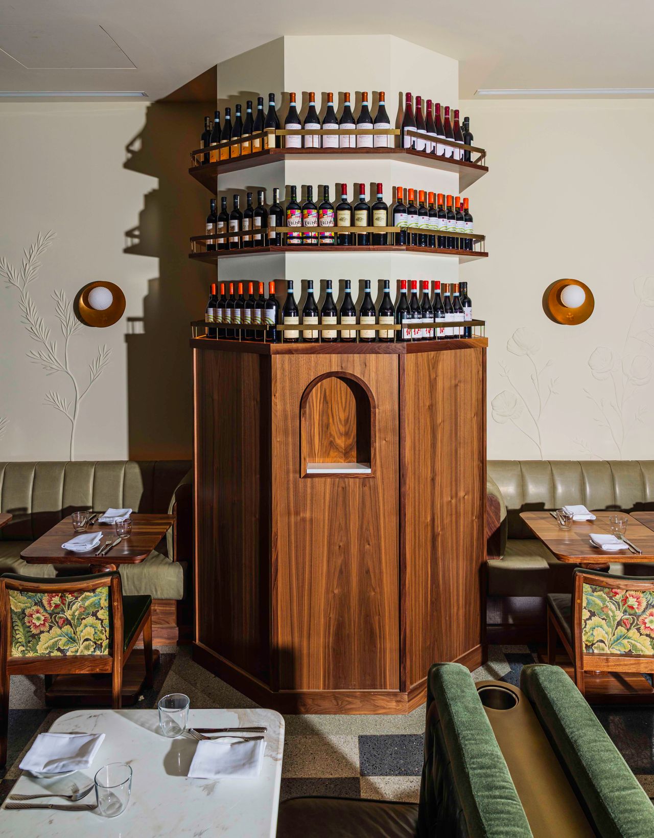 A wine window in the dining room of Florin, an Italian restaurant in Toronto