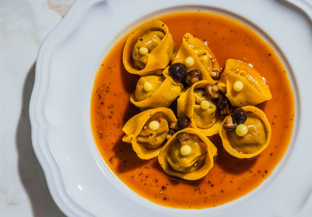 Tortellini peposo filled with beef braised in red wine and stock for nearly three hours, until meltingly tender