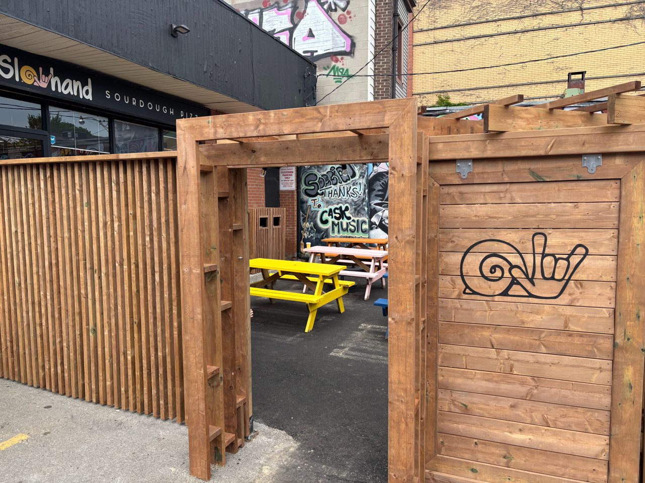 The patio outside Slowhand Sourdough Pizza in Toronto