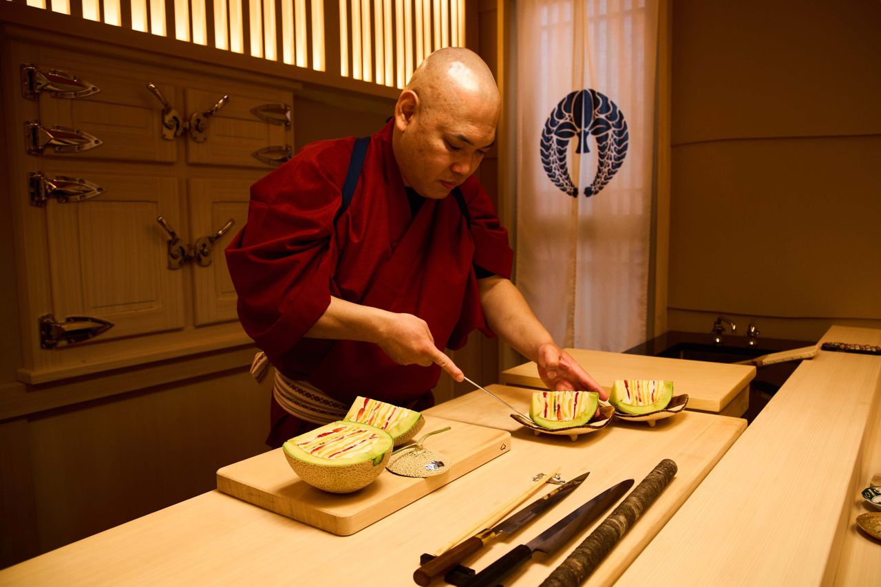 Chef Arase plates Sushi Kiwami's now-viral melon cake