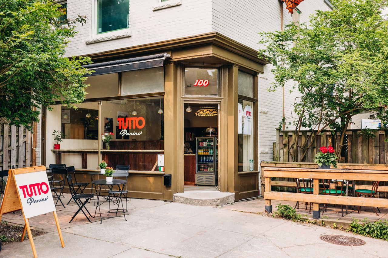 The exterior and patio of Tutto Panino, an Italian sandwich shop