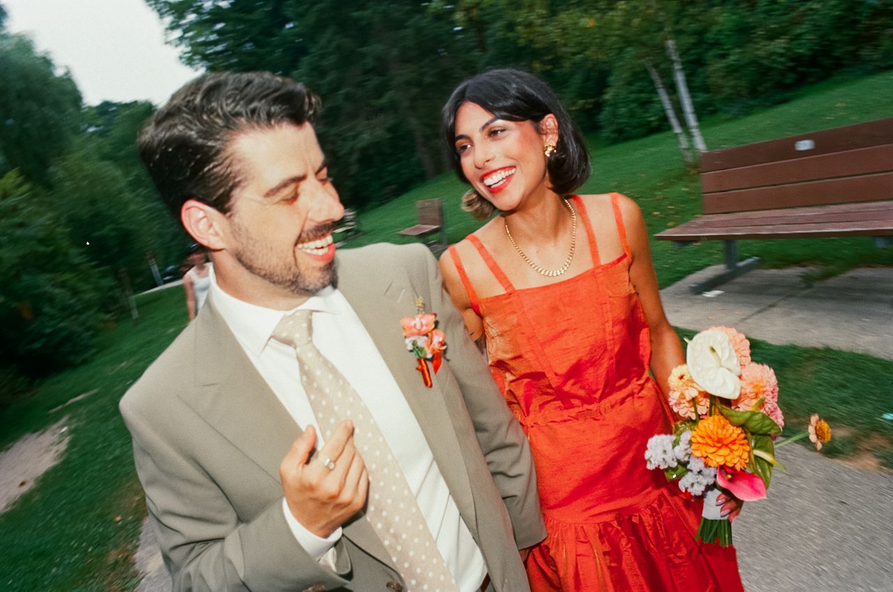 Melina and Zach together at their wedding at the Toronto Botanical Gardens