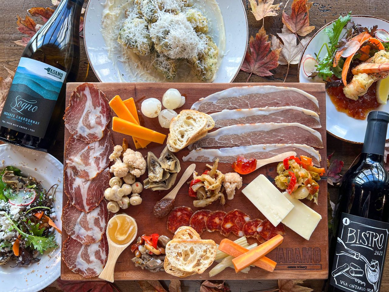 A spread of charcuterie and wine at Adamo Winery in Dufferin County, Ontario