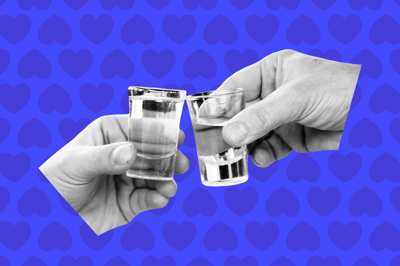 A stylized image of two shot glasses clinking