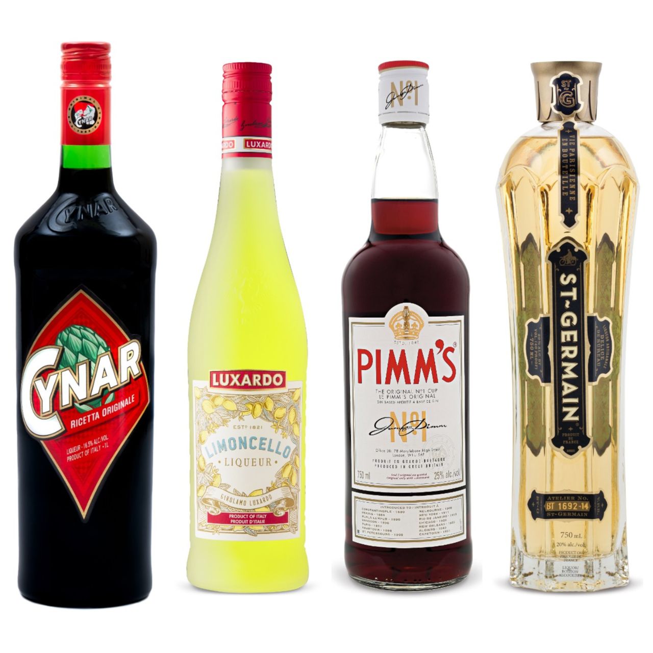 Bottles of Cynar, limoncello, Pimm's and St-Germain