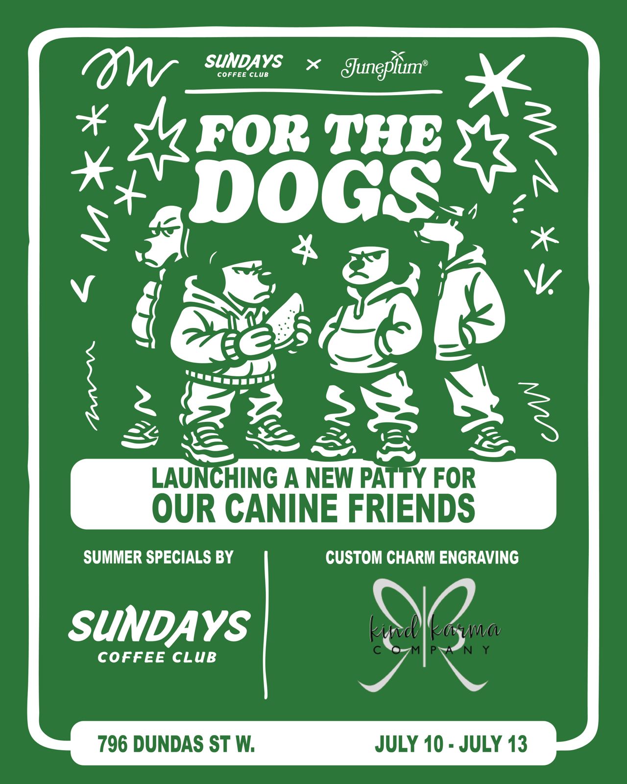 A poster advertising a dog patty party at June Plum