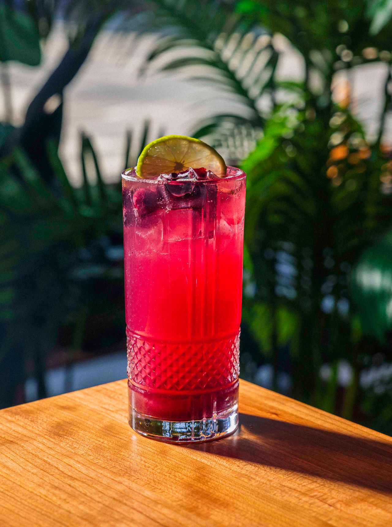 A pink-coloured cocktail in a highball glass and garnished with a lime slice and blueberries