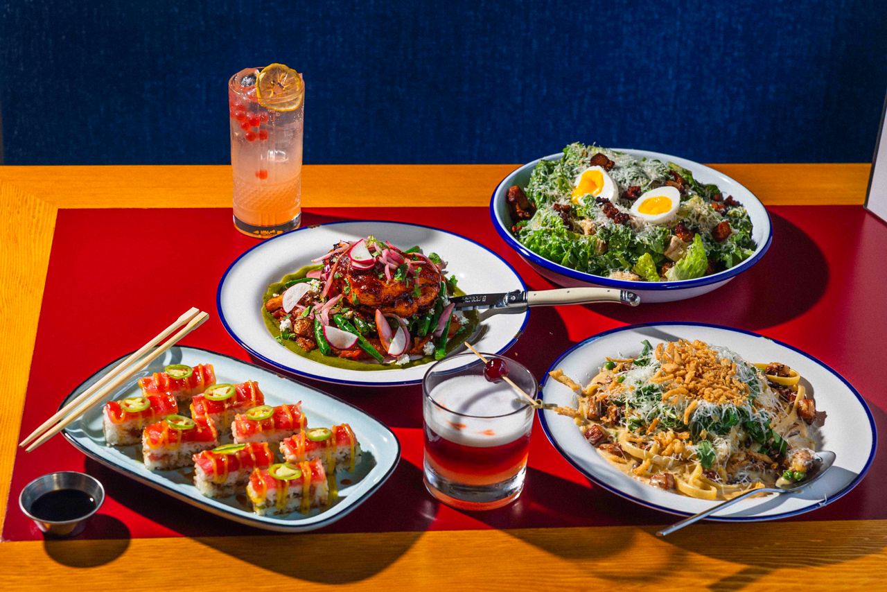 A spread of dishes and drinks at Central in Toronto