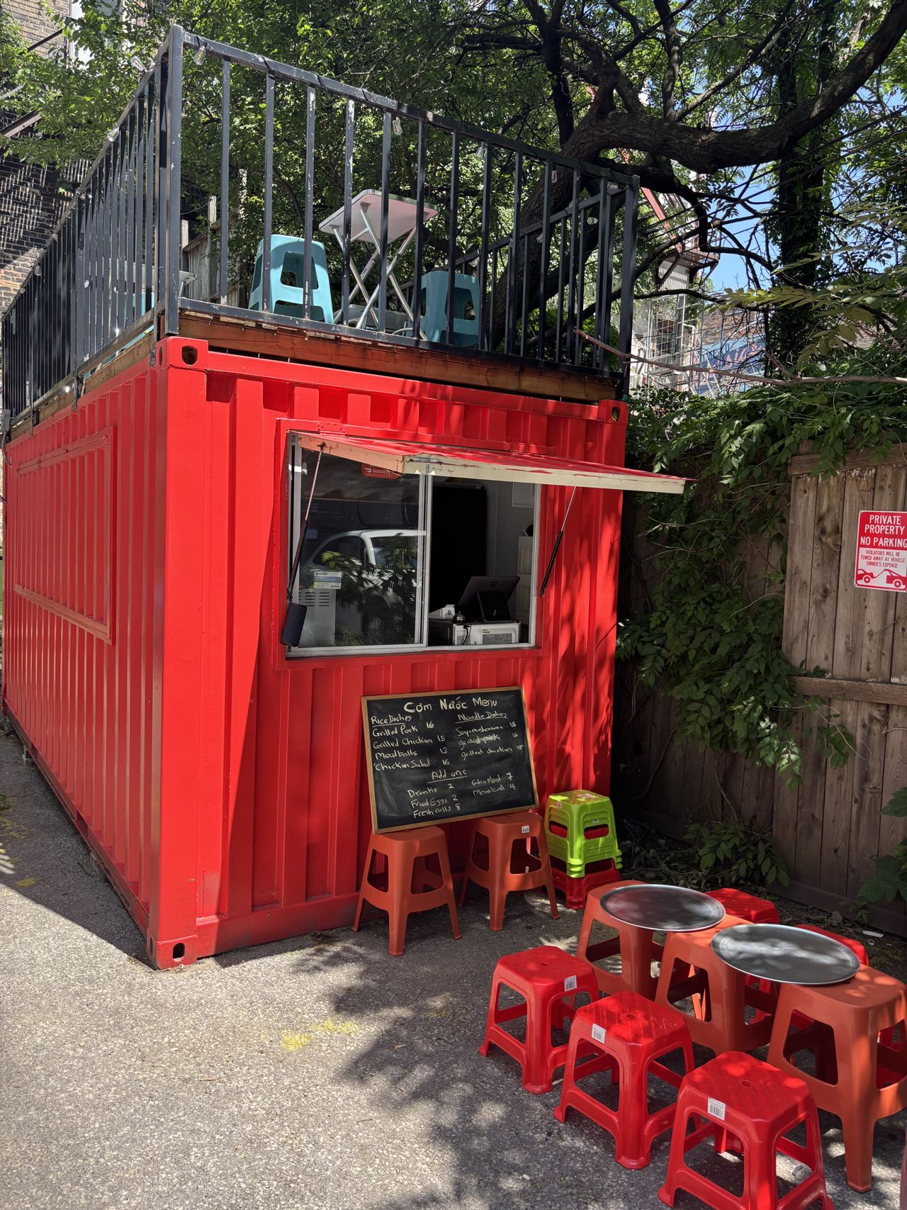 The exterior of Com Nuoc, a Vietnamese restaurant in a shipping container