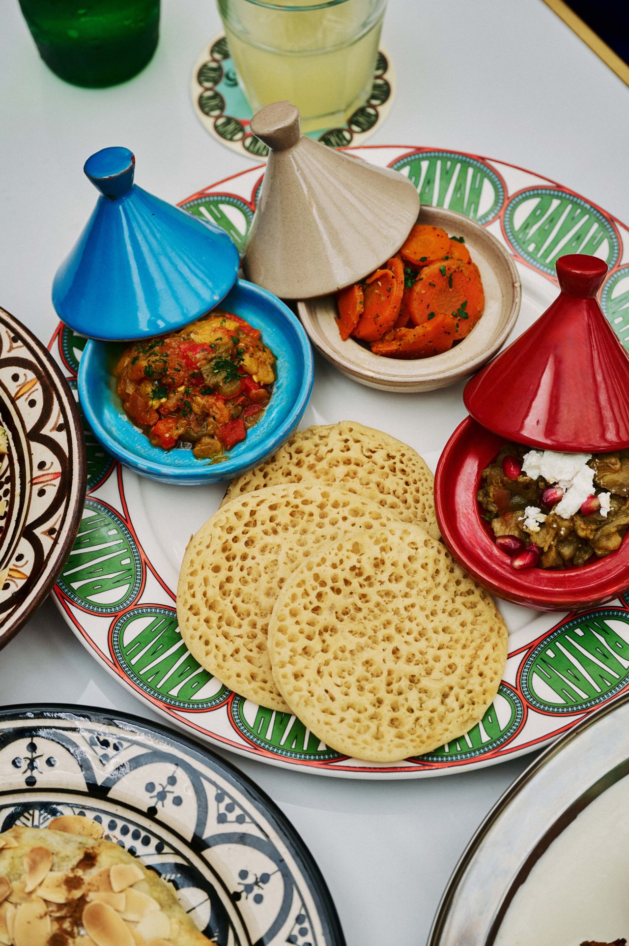 A kemia plate, a trio of Moroccan dips served with spongy semolina crêpes called baghrir