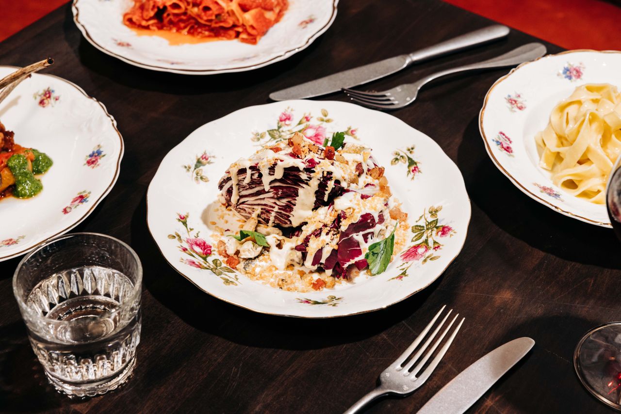 This riff on the standard wedge salad swaps iceberg for radicchio and loads it with crispy guanciale, anchovy vinaigrette, gorgonzola dressing and a shower of breadcrumbs