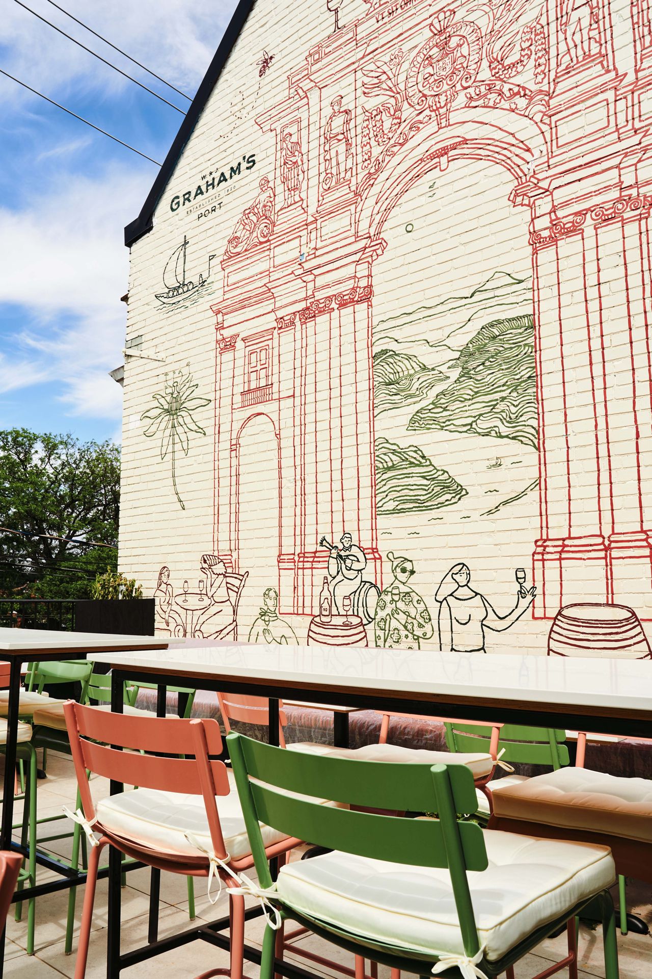 The rooftop patio and mural at Taberna LX in Toronto
