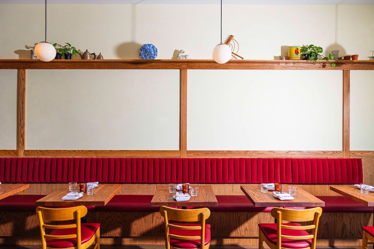 Banquette seating in the dining room of Zia's Place