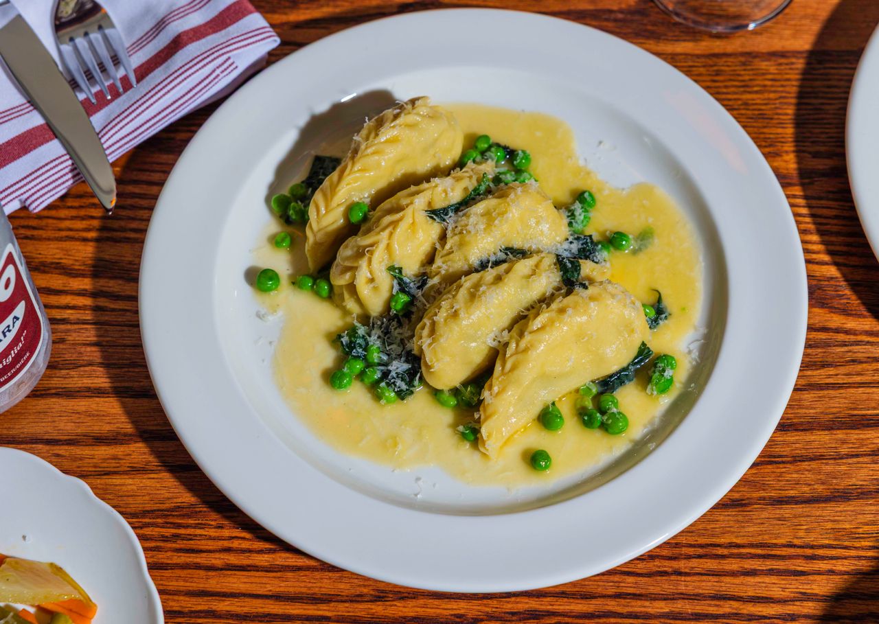 Caturgiones con piselli, a Sardinian stuffed pasta filled with potato, mint and pecorino, dotted with fresh English peas and butter from St.Brigid’s Creamery