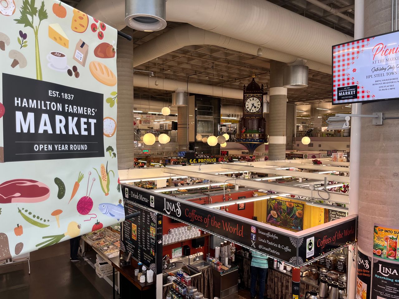 Looking from the second floor to the main floor of the Hamilton Farmers' Market