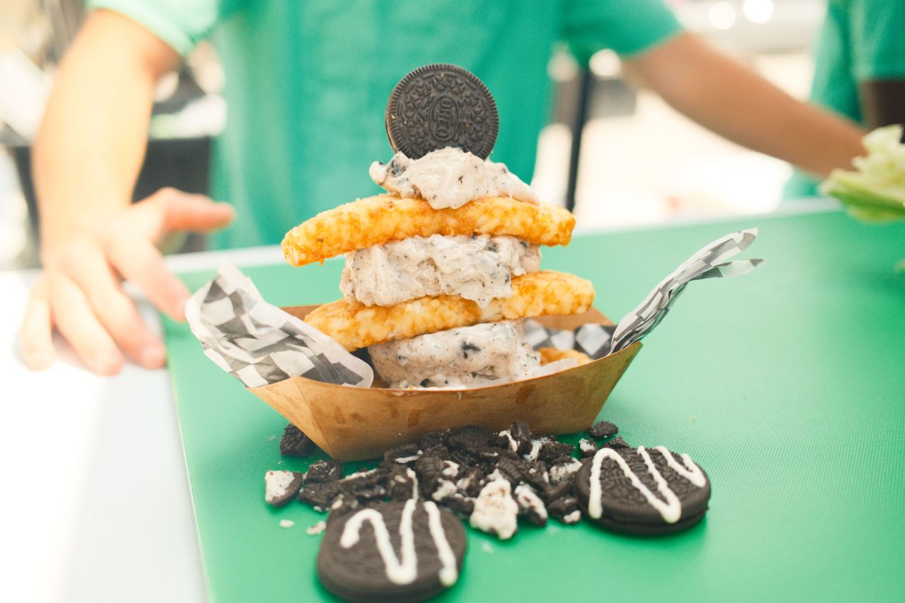An ice cream sandwich made with hash browns and Oreo ice cream