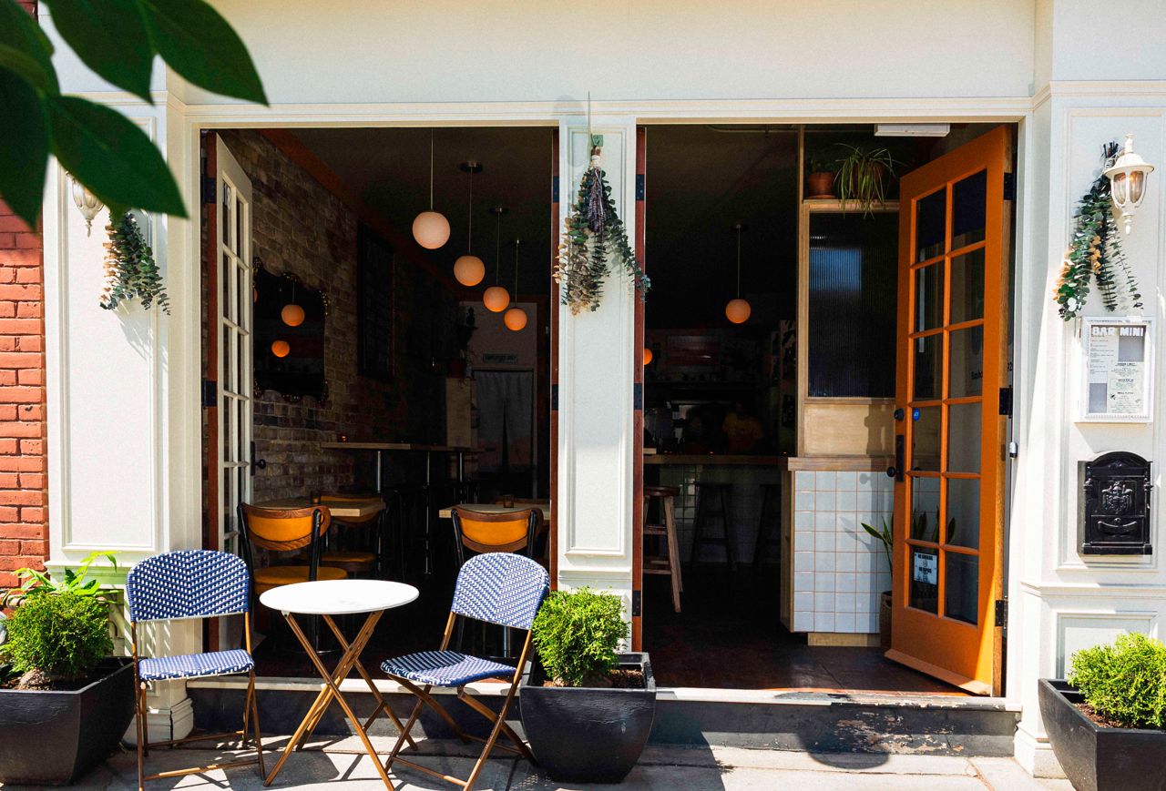 The front patio and entrance to Bar Mini, a snack and cocktail bar in Toronto