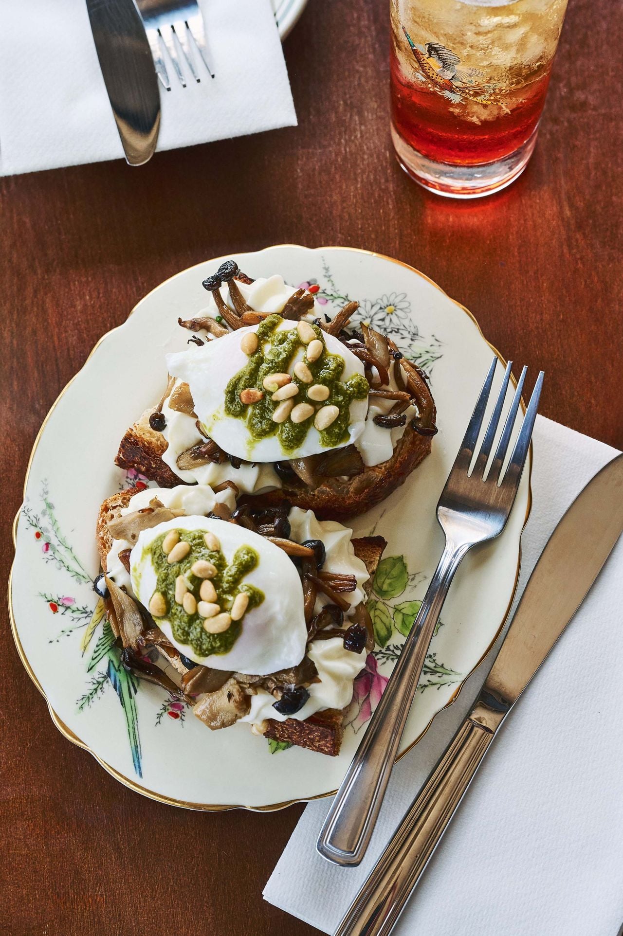 Gabriel’s spin on eggs Benny is this egg-and-mushroom tartine. The savoury tower starts with a base of Ba Noi sourdough laden with whipped ricotta, roasted mushrooms (maitake, shimeji, oyster) and two perfectly poached eggs. It’s all brought together with a lashing of herby oil (parsley, dill, tarragon), a touch of confit garlic and some toasted pine nuts