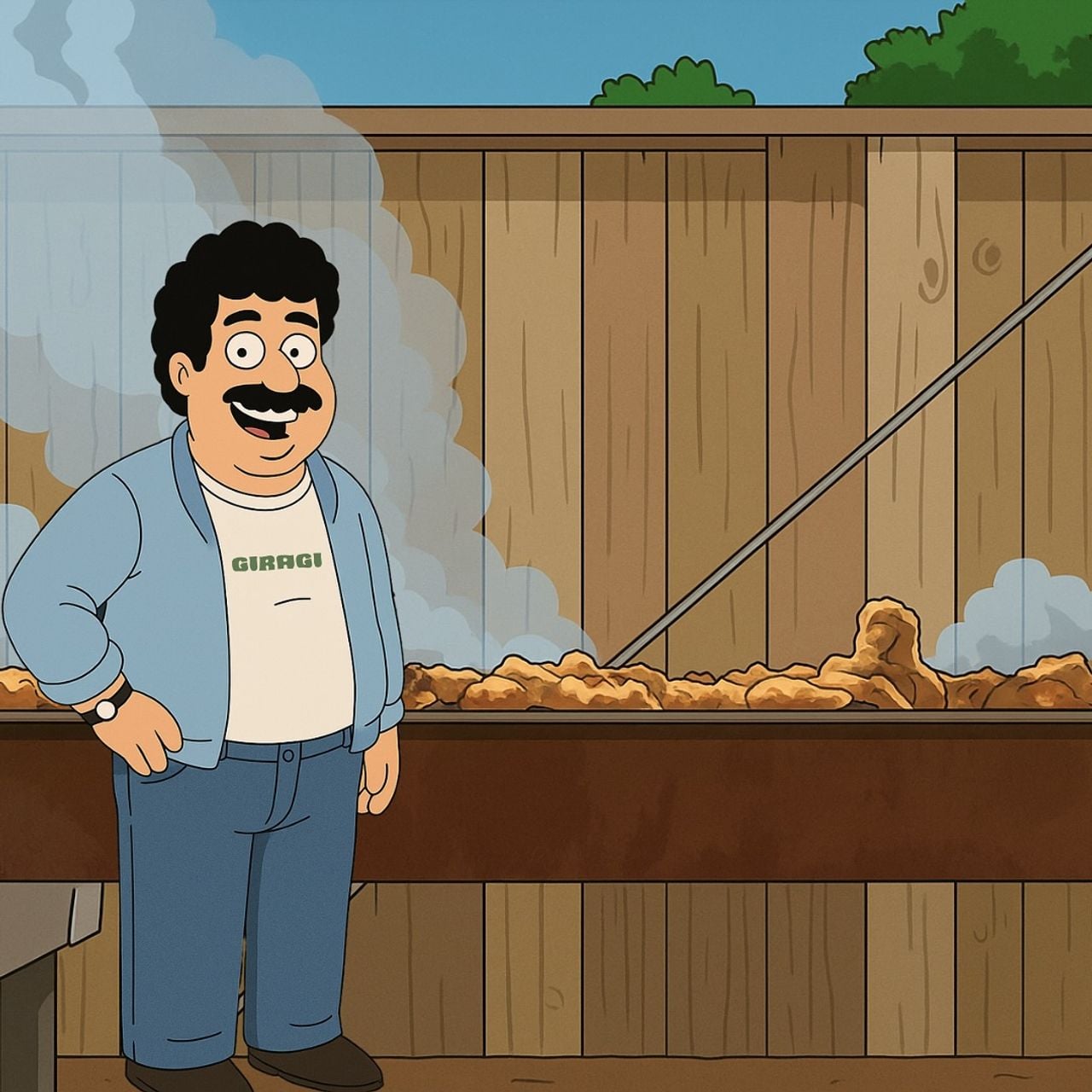 A cartoon man grills kebabs