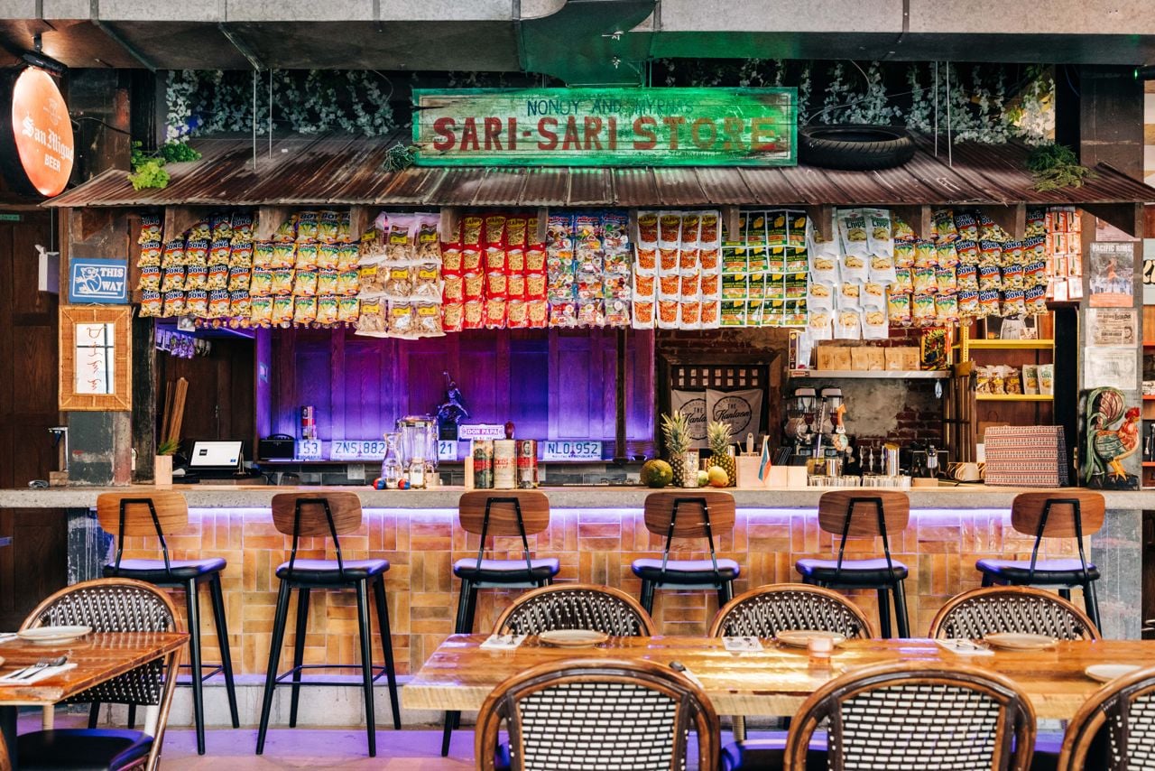 The bar is styled after a sari-sari store, family-run convenience shops found on nearly every street corner in the Philippines