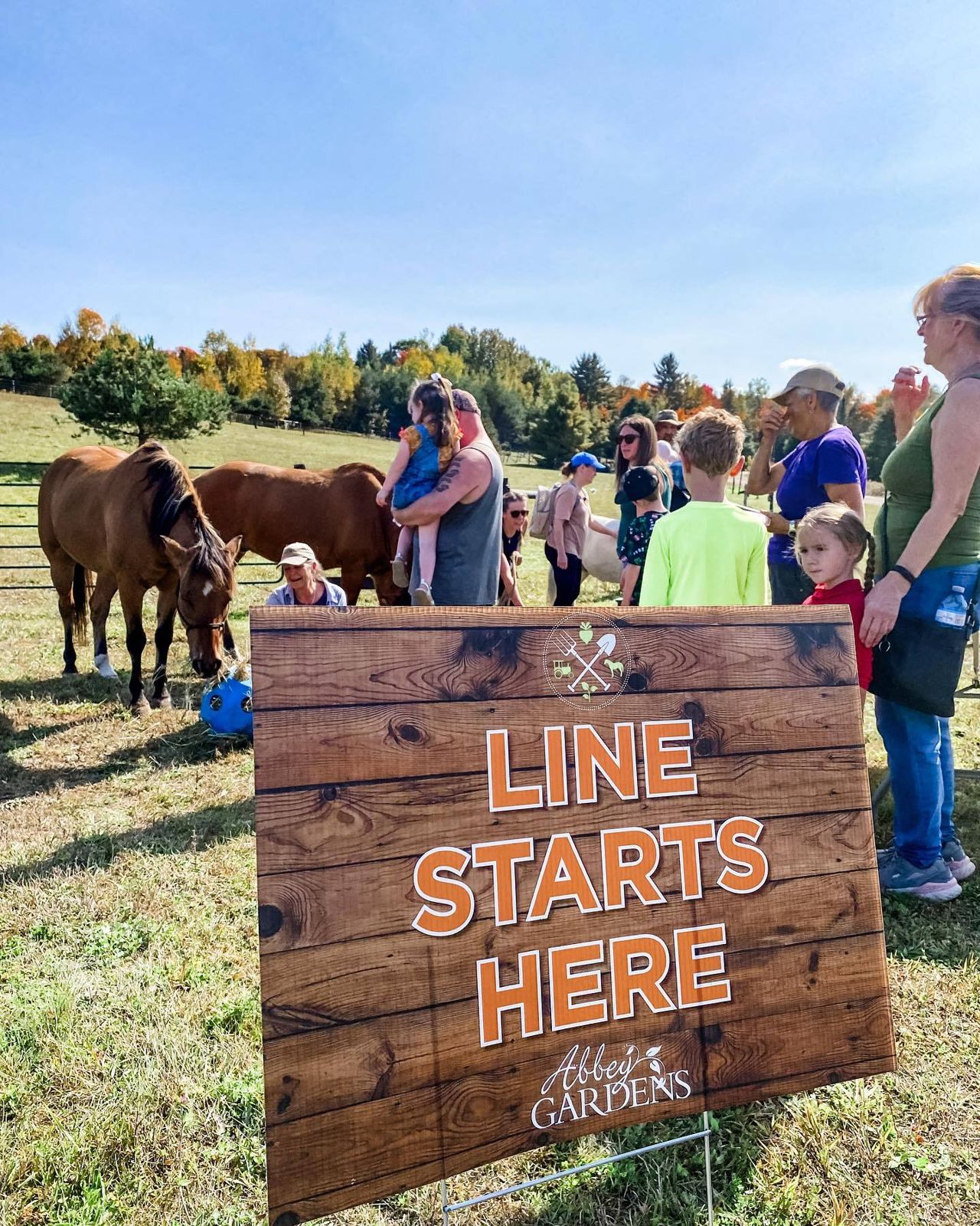 Wooden sign that says Line Starts Here