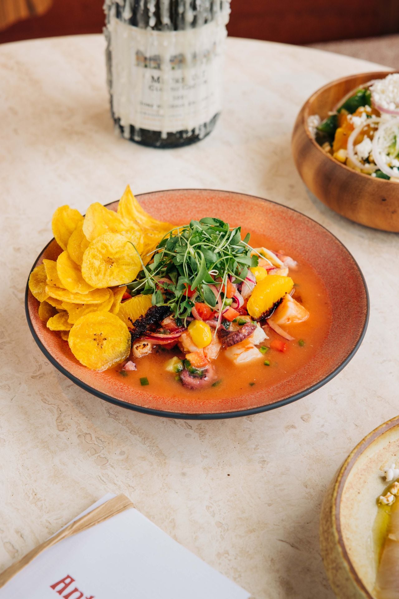Ecuadorian ceviche served with fried green plantain chips