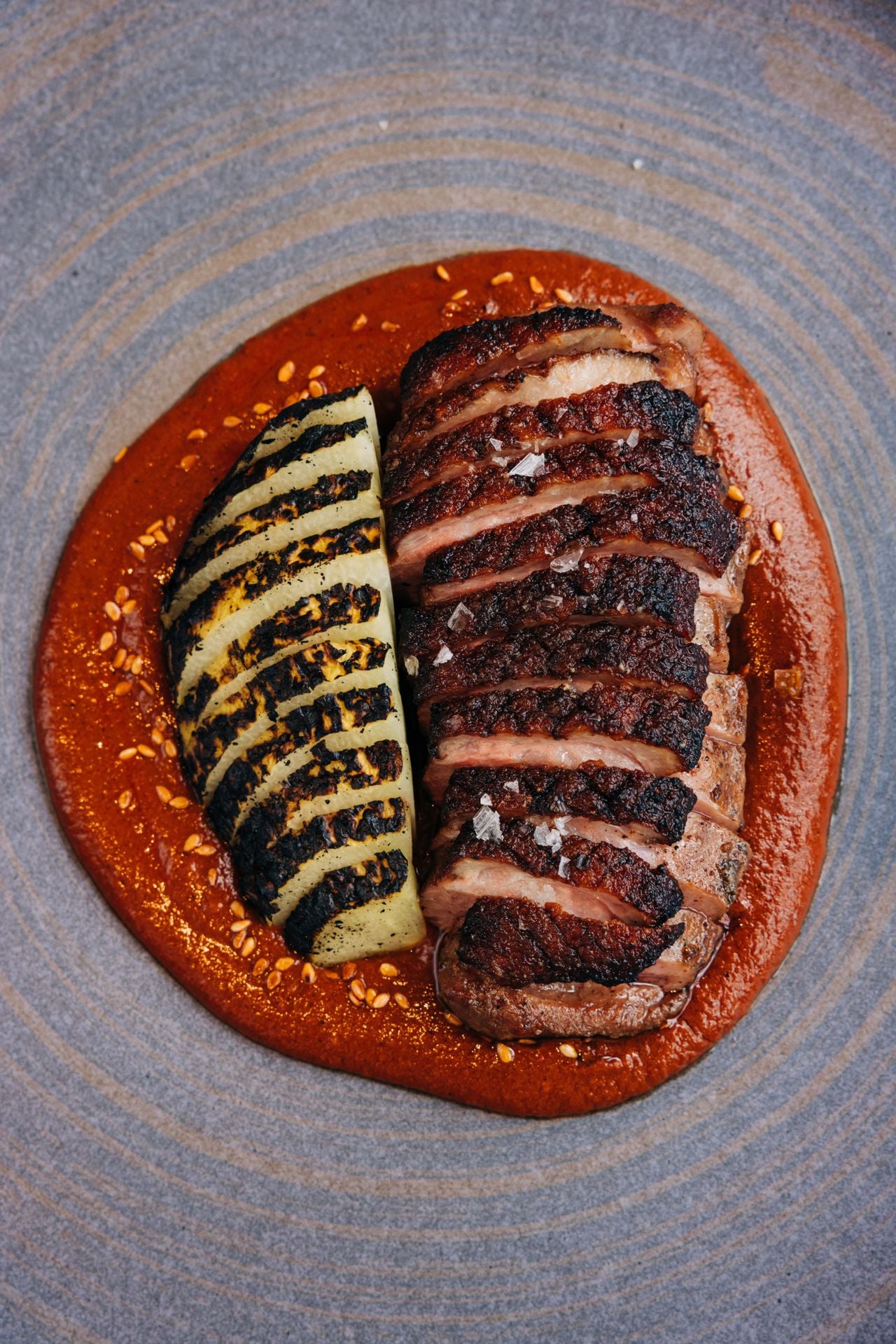 Sliced duck breast and chayote on mole rojo
