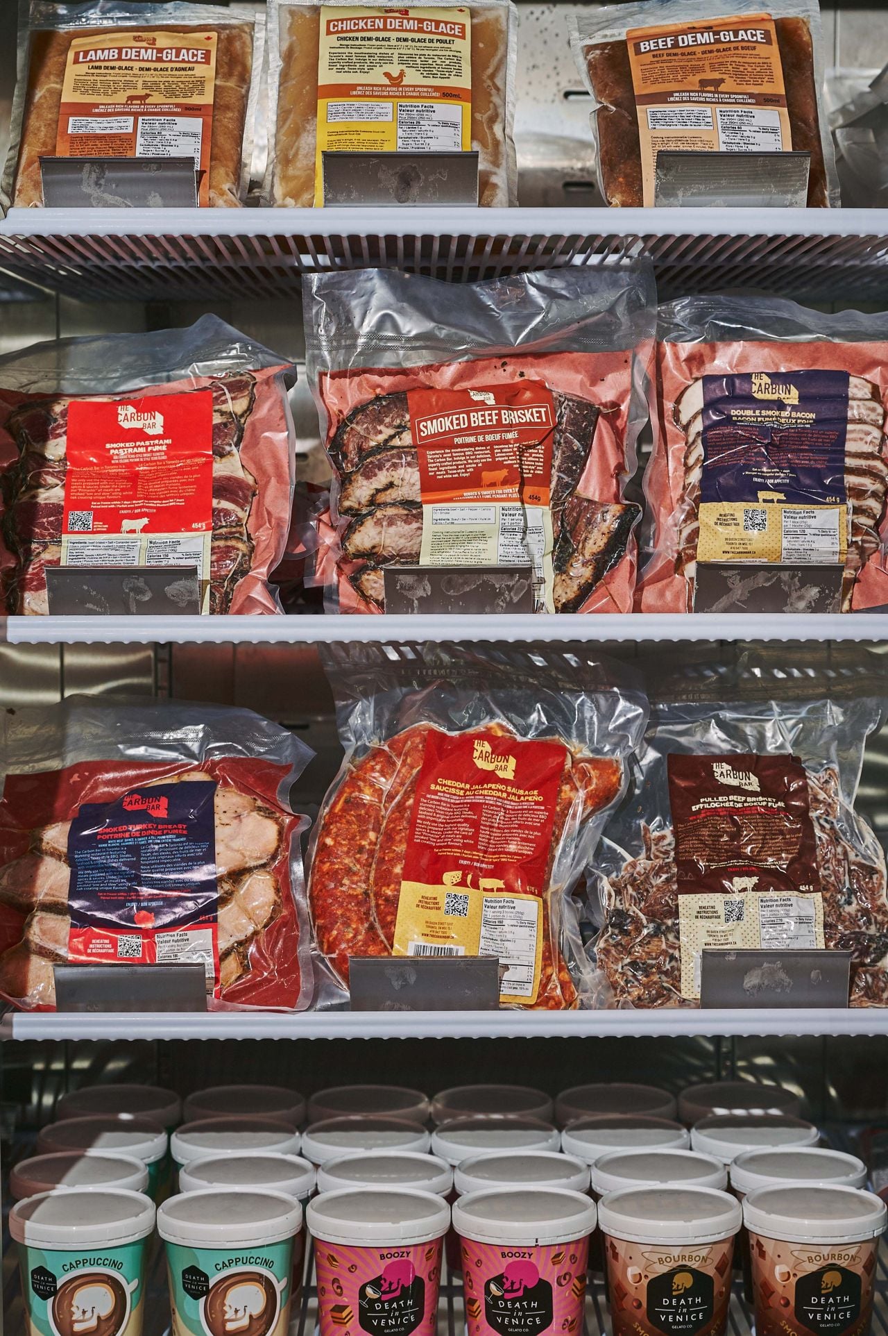 A fridge filled with vacuum-packed meats from the Carbon Bar