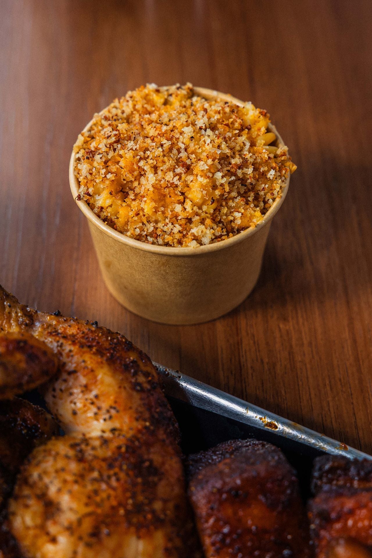 The mac and cheese has a bechamel base, three types of cheese (mozzarella, gruyere, cheddar) and a coating of breadcrumbs